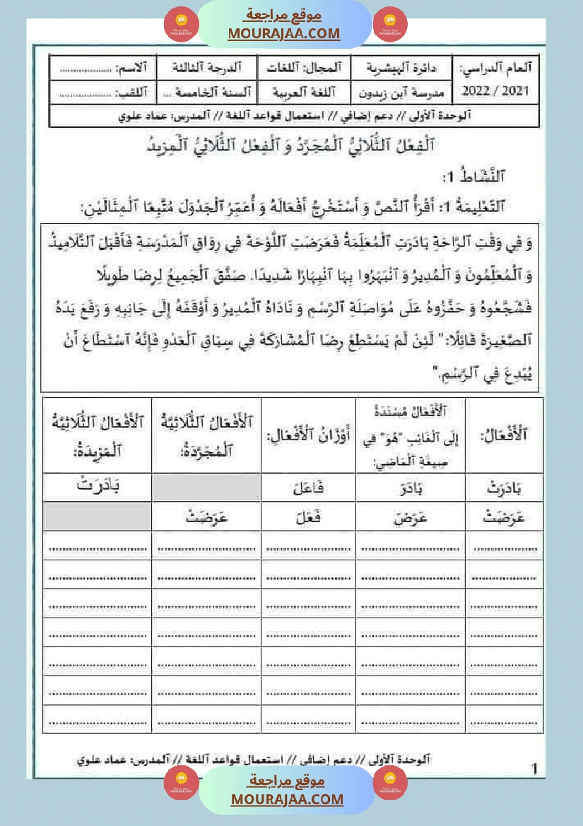 مراجعة و اختبارات في اللغة العربية للسنة الخامسة