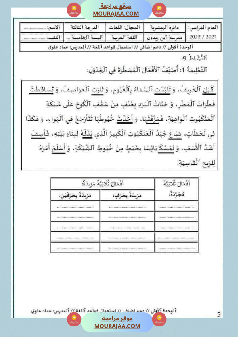 مراجعة و اختبارات في اللغة العربية للسنة الخامسة