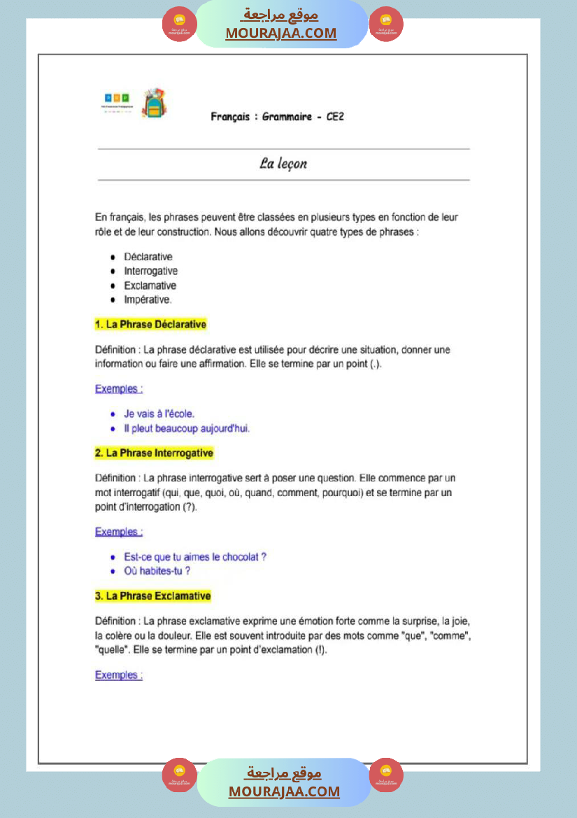 5eme annee les types de phrases lecon exercices et correction