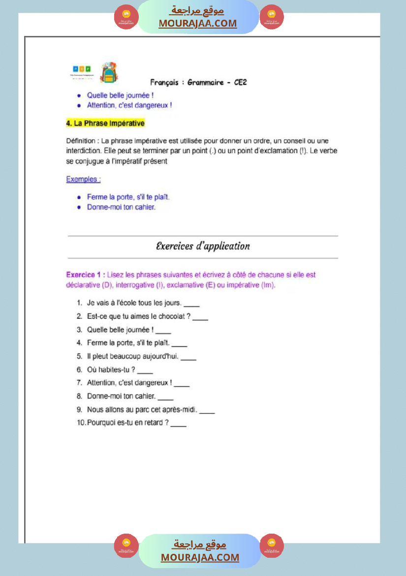 5eme annee les types de phrases lecon exercices et correction
