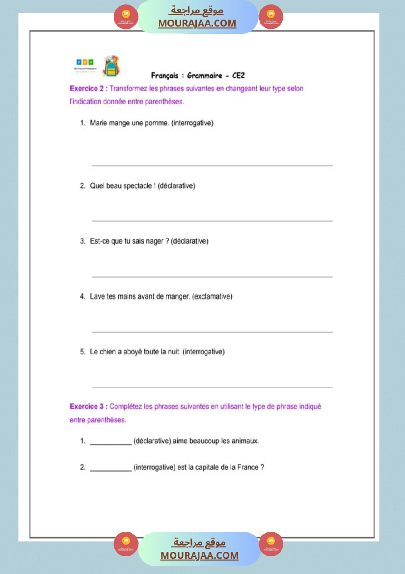 5eme annee les types de phrases lecon exercices et correction