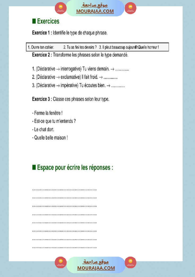 5eme annee les types de phrases lecon exercices et correction