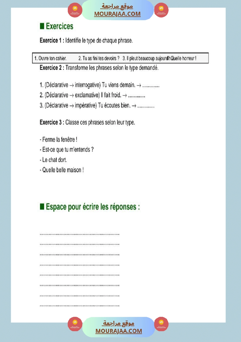 5eme annee les types de phrases lecon exercices et correction صفحة 8