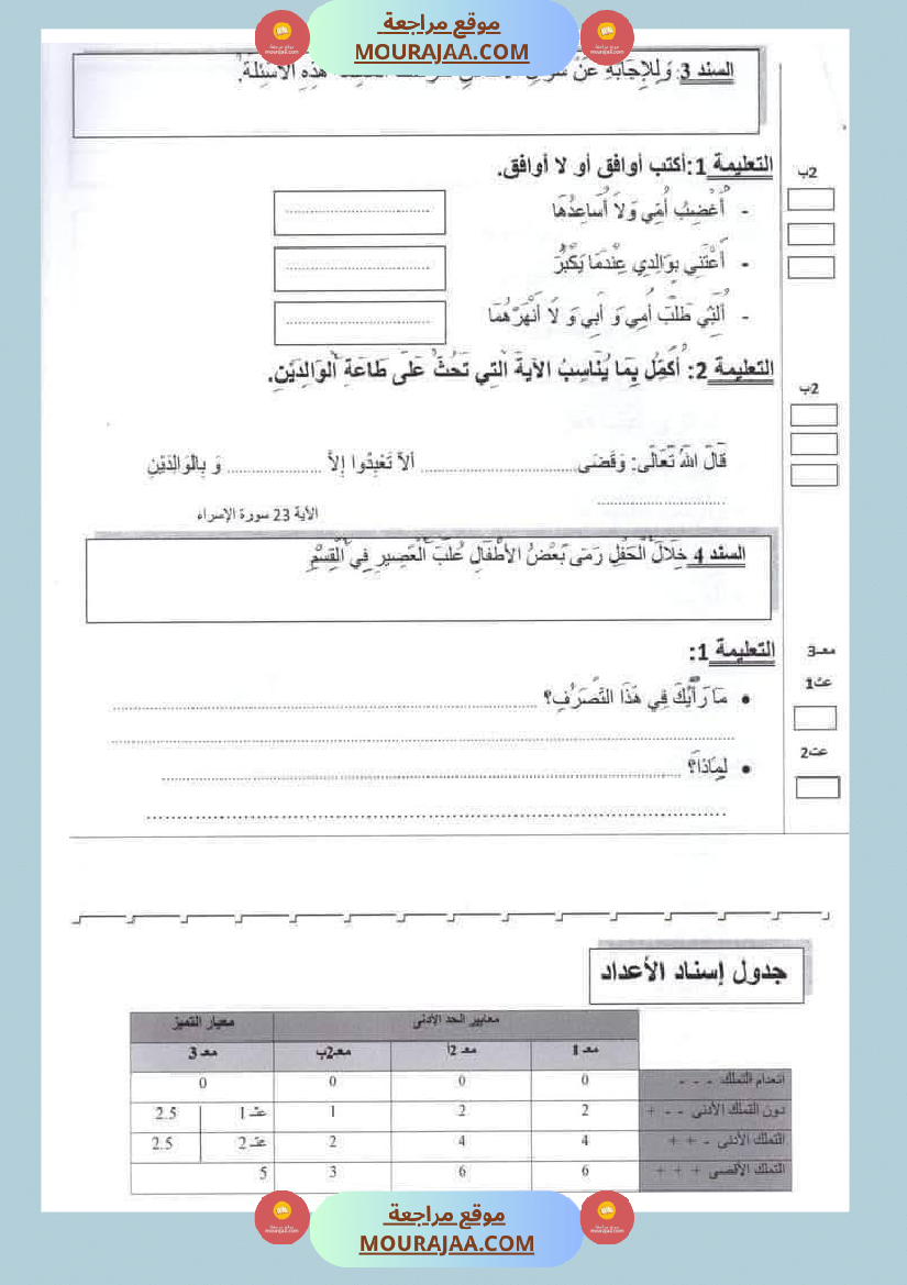 امتحانات الثلاثي الاول السنة ثانية قراءة اسلامية رياضيات