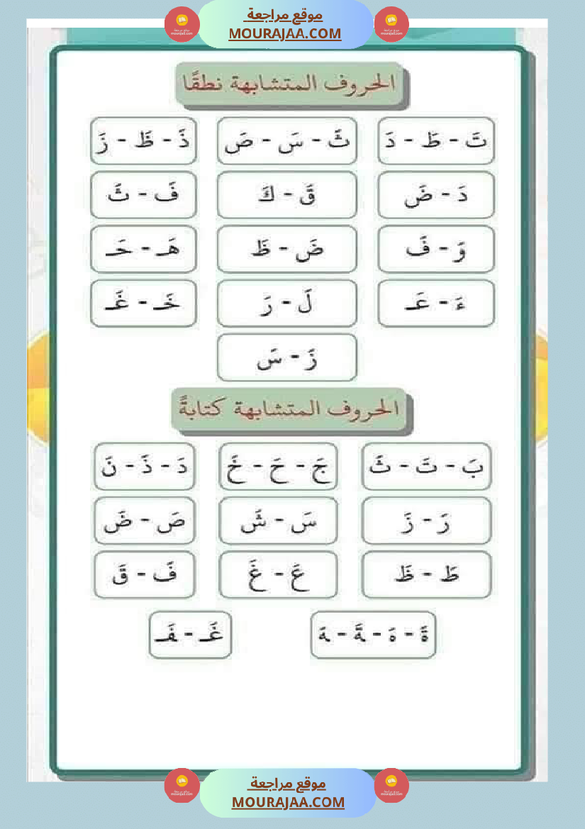 السنة ثانية الحروف المتشابهة لتثبيتها