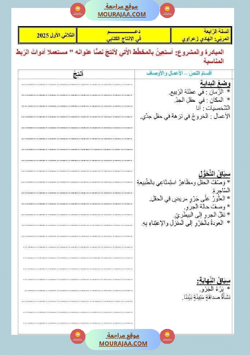 تقييم الوحدة الاولى في مجال العربية للسنة الرابعة