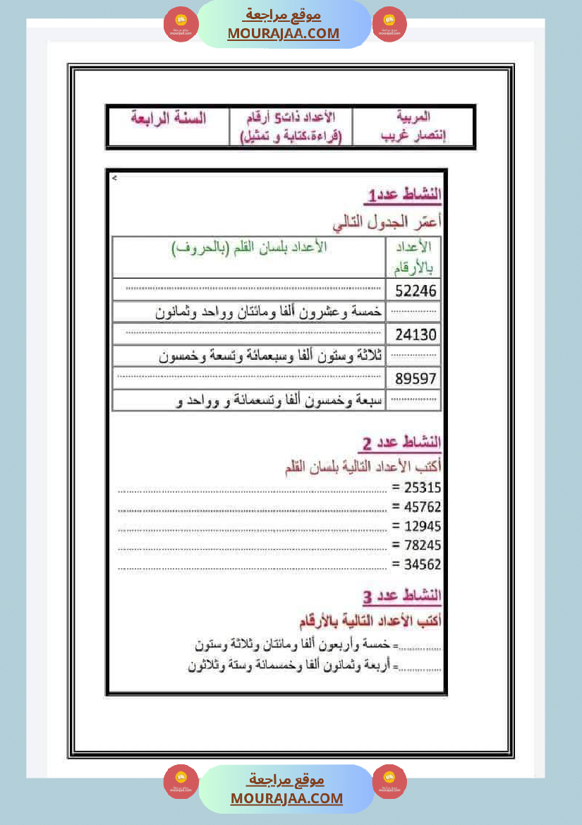 تمارين رياضيات السنة الرابعة الثلاثي الاول