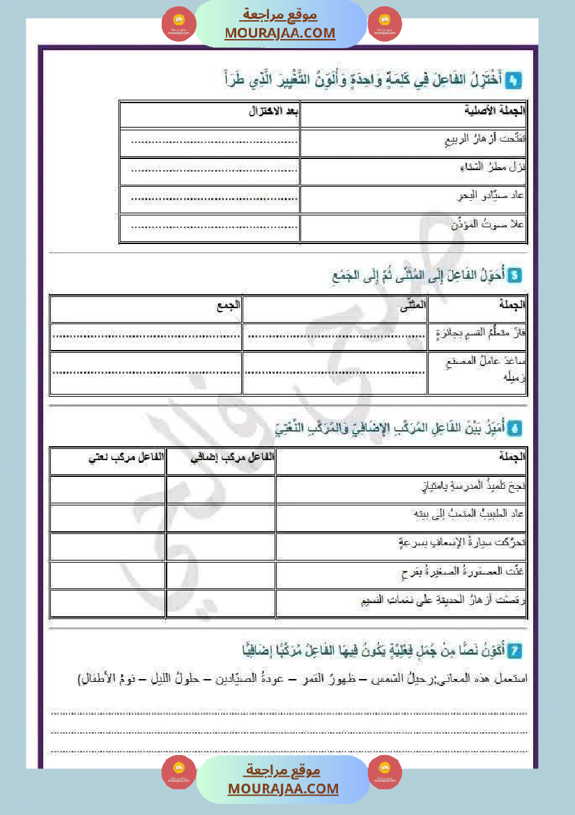 قواعد اللغة الفاعل مركب اضافي السنة الرابعة
