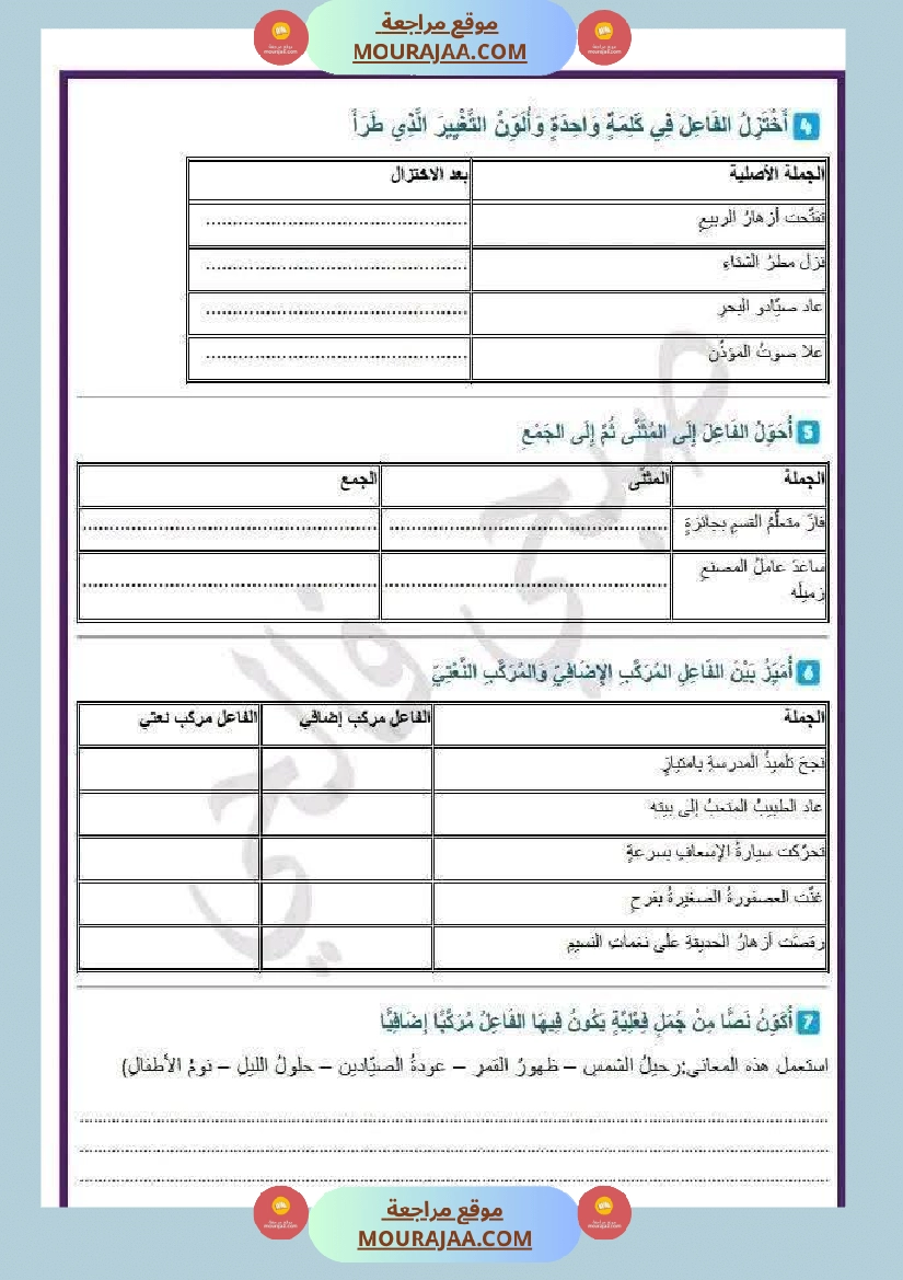قواعد اللغة الفاعل مركب اضافي السنة الرابعة