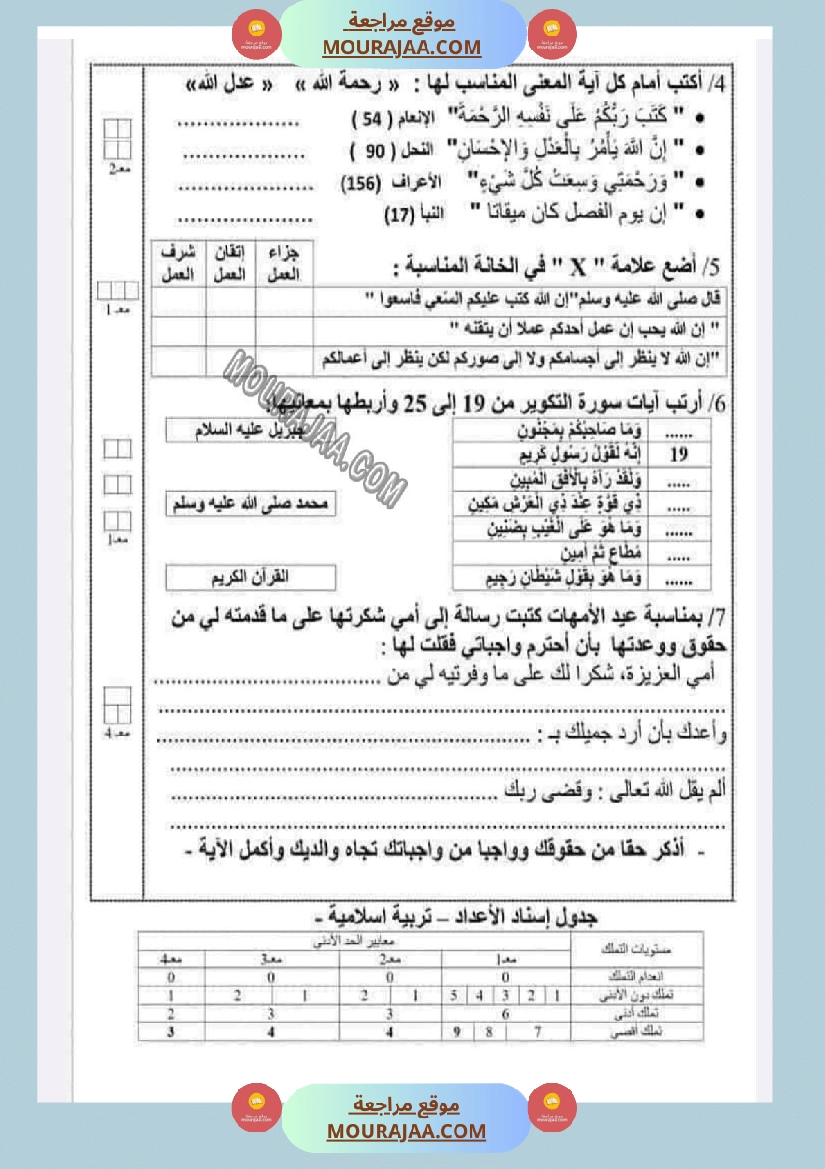 امتحانات التربية الاسلامية الثلاثي الاول السنة السادسة صفحة 2