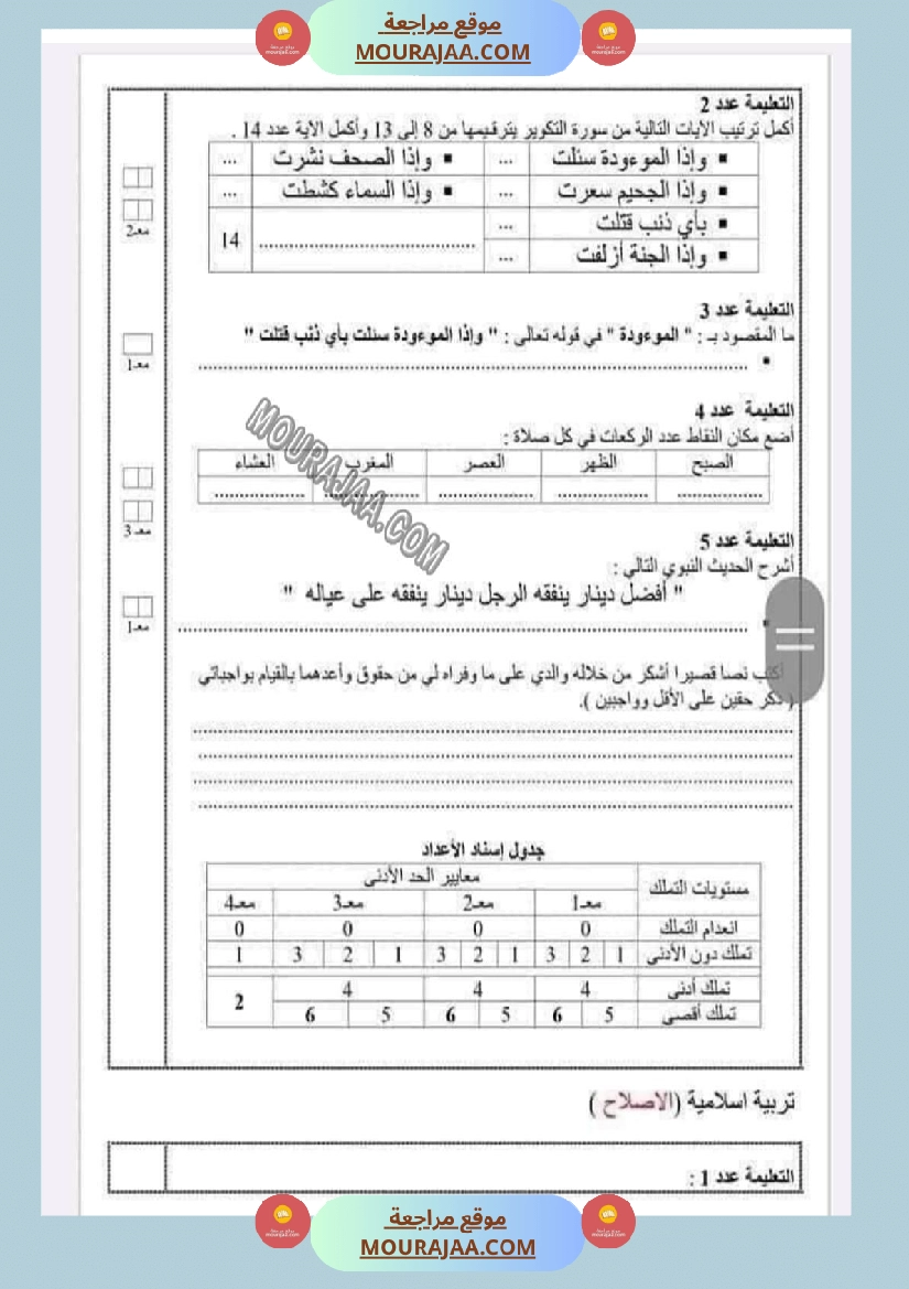امتحانات التربية الاسلامية الثلاثي الاول السنة السادسة صفحة 9