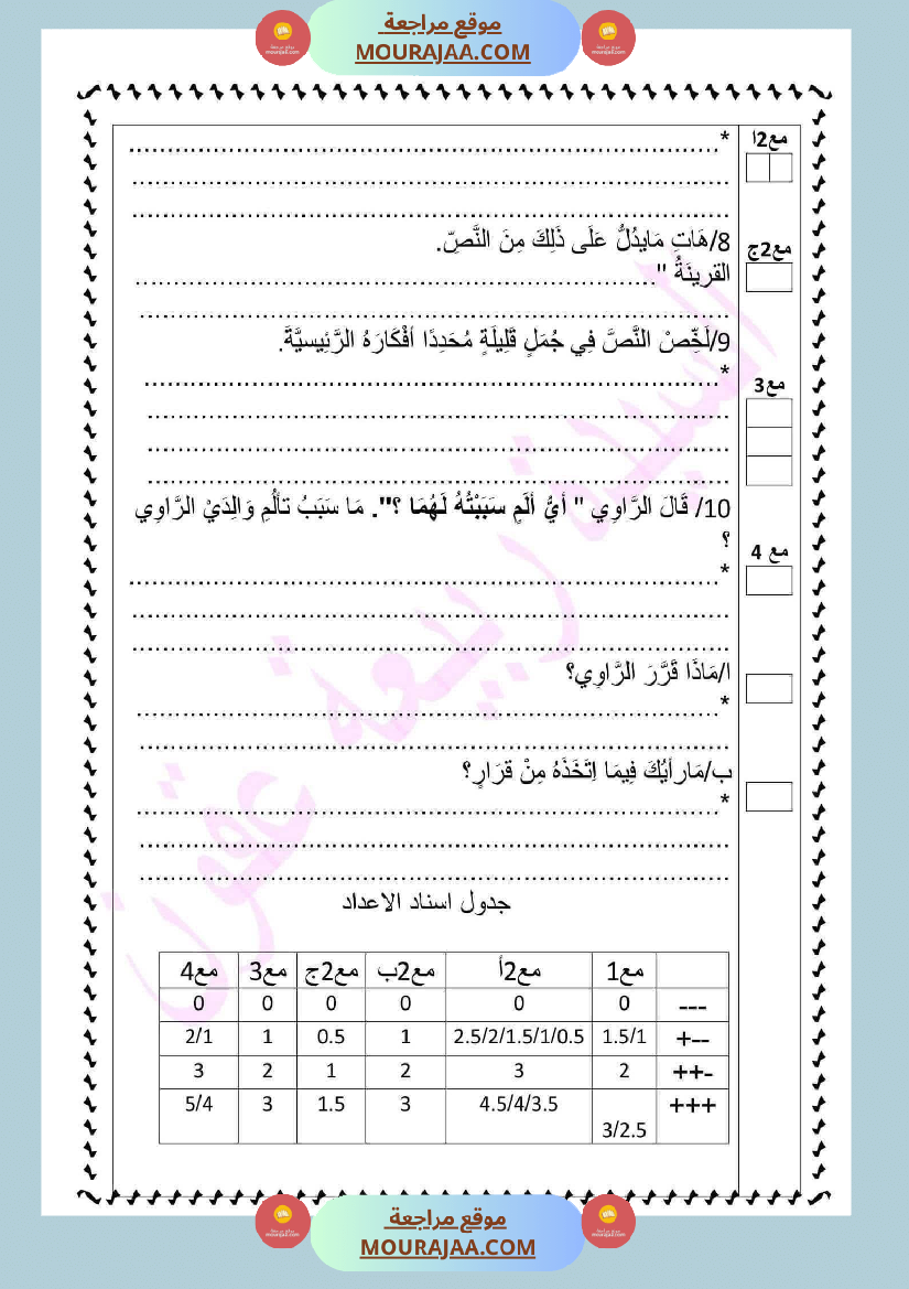 تقييم الوحدة الاولى لغة عربية السنة السادسة