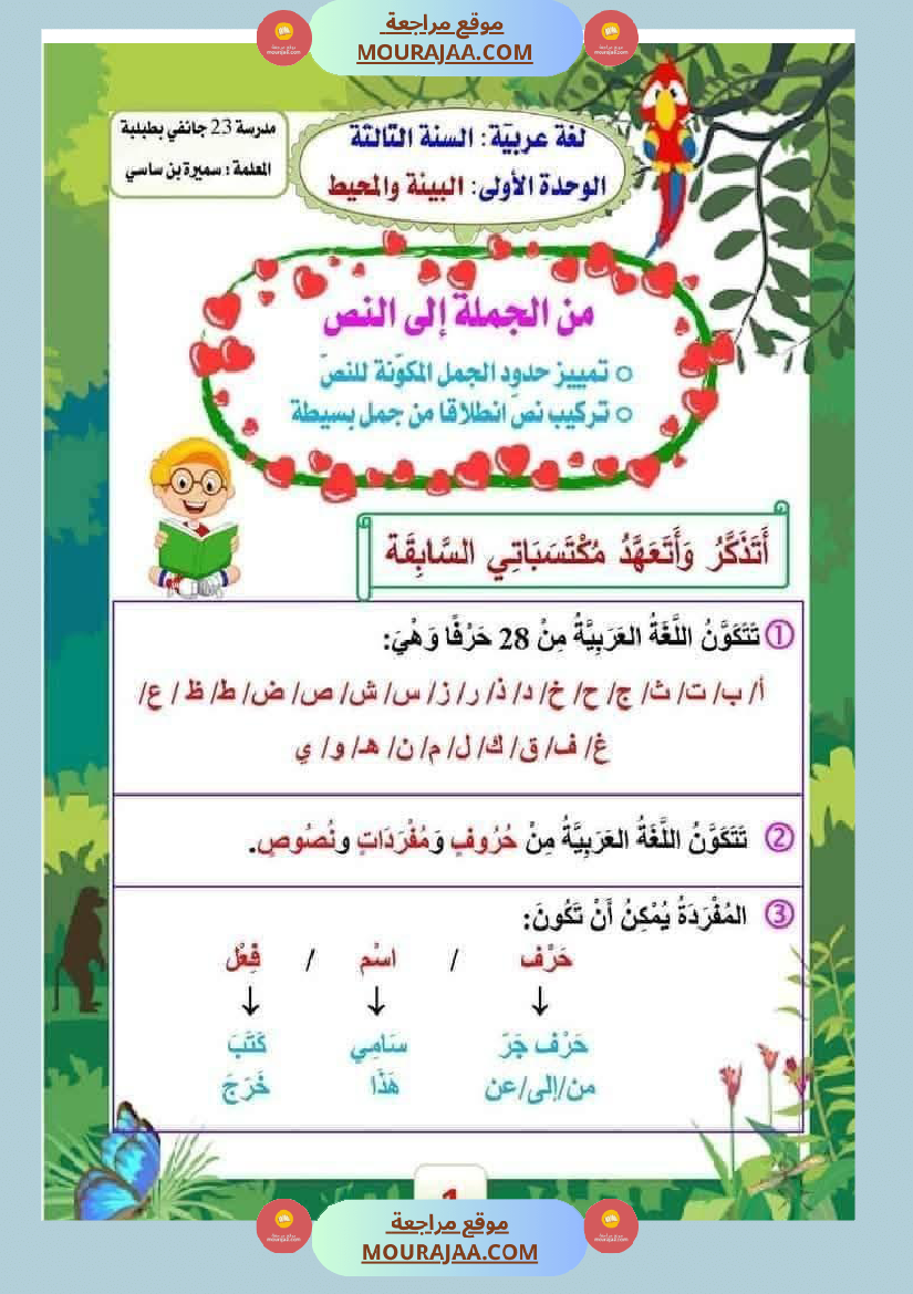 الوحدة الأولى قواعد اللغة السنة الثالثة من الجملة إلى النص مع الاصلاح