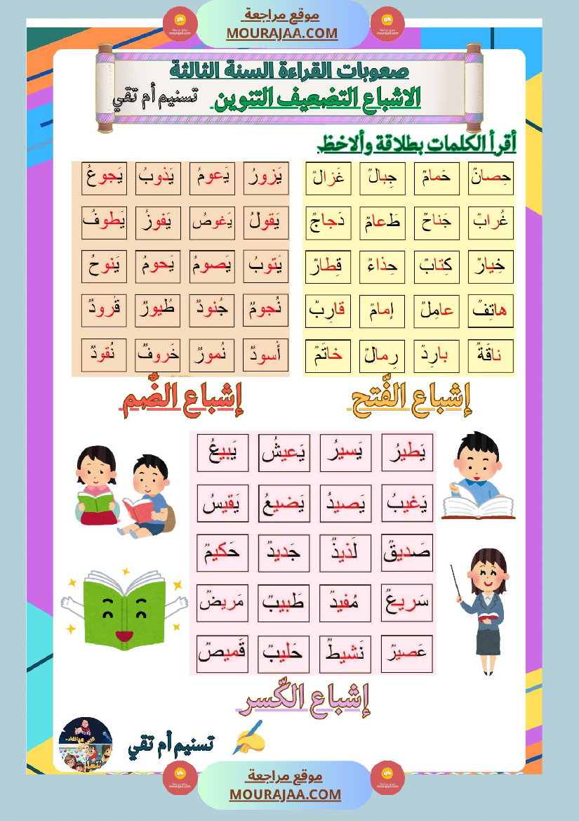 السنة ثالثة صعوبات القراءة الاشباع التنوين التضعيف اللام الشمسية والقمرية دعم وعلاج