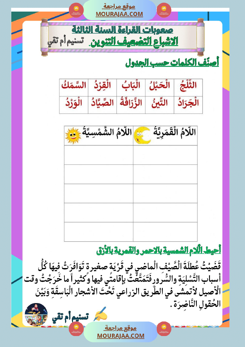 السنة ثالثة صعوبات القراءة الاشباع التنوين التضعيف اللام الشمسية والقمرية دعم وعلاج