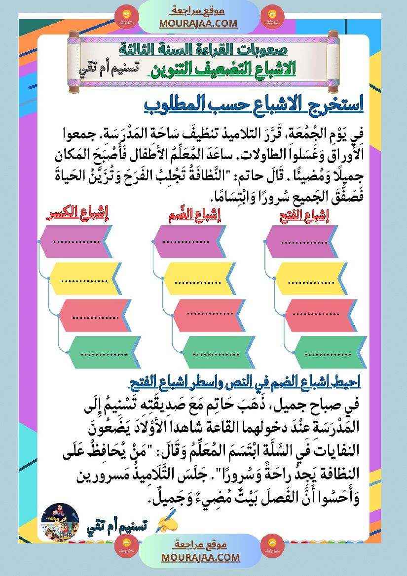 السنة ثالثة صعوبات القراءة الاشباع التنوين التضعيف اللام الشمسية والقمرية دعم وعلاج