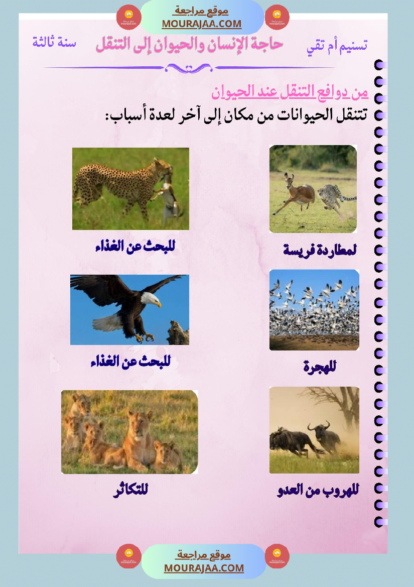 السنة الثالثة بحث حول حاجة الانسان والحيوان للتنقل والأحداث الدورية والغير دورية مرفق بالتطبيقات