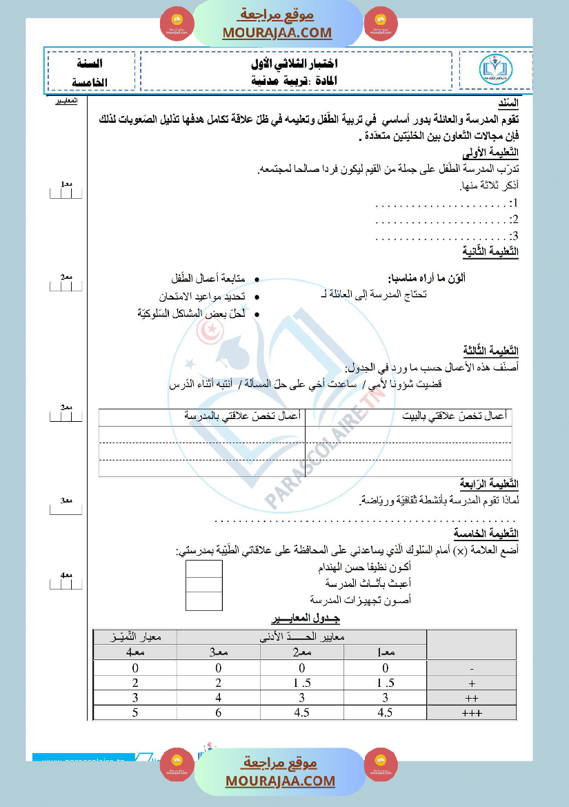 إمتحانات سنة خامسة ابتدائي تربية مدنية الثلاثي الأول