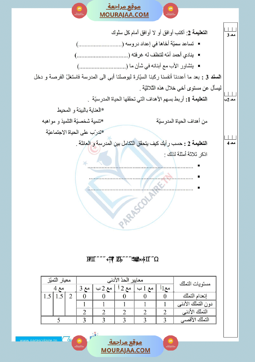 إمتحانات سنة خامسة ابتدائي تربية مدنية الثلاثي الأول