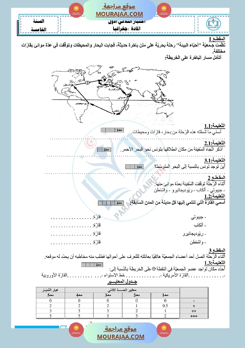 إمتحانات سنة خامسة ابتدائي جغرافيا الثلاثي الأول