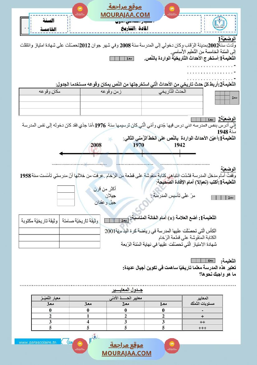 إمتحانات سنة خامسة ابتدائي تاريخ الثلاثي الأول