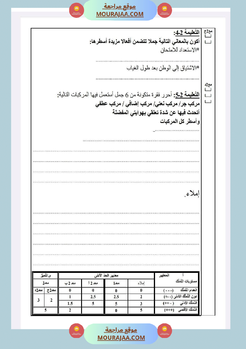 امتحانات سنة خامسة الثلاثي الأول لغة عربية