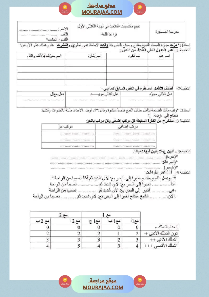 سنة خامسة تقييمات قواعد لغة الثلاثي الاول صفحة 6