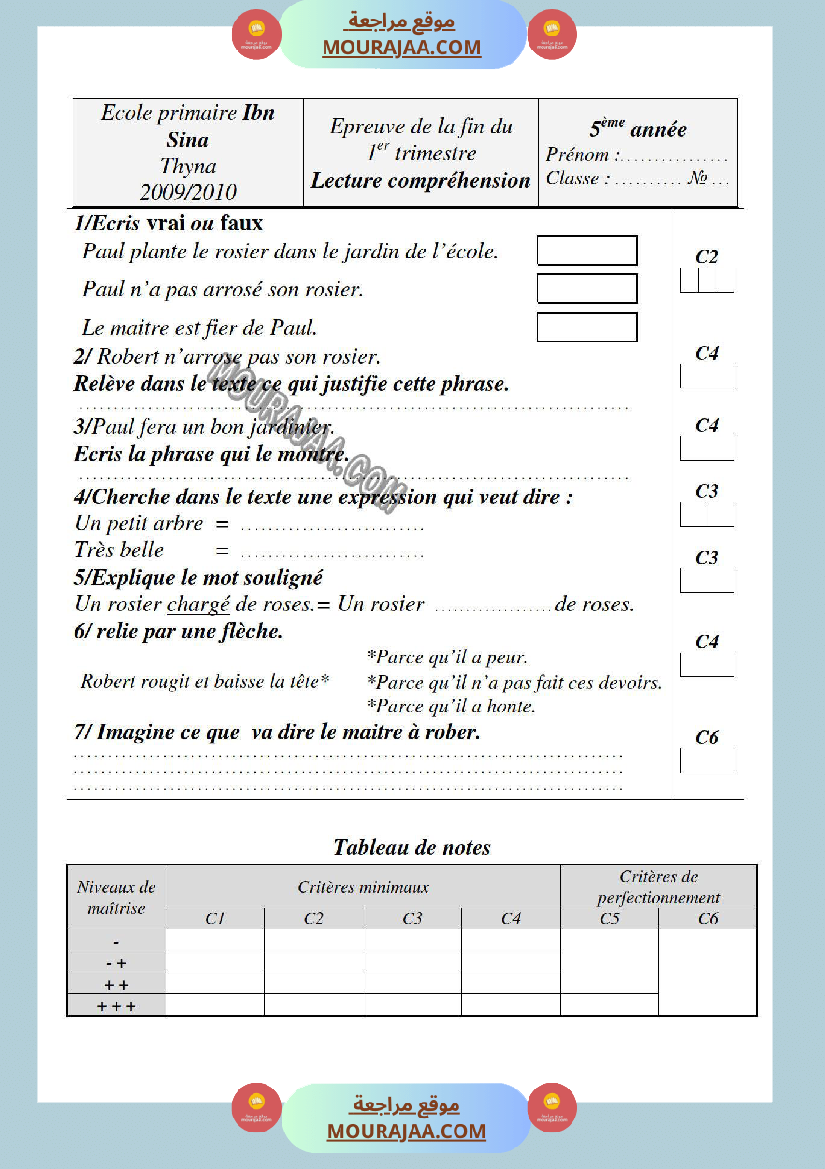 امتحانات الثلاثي الاول سنة خامسة فرنسية
