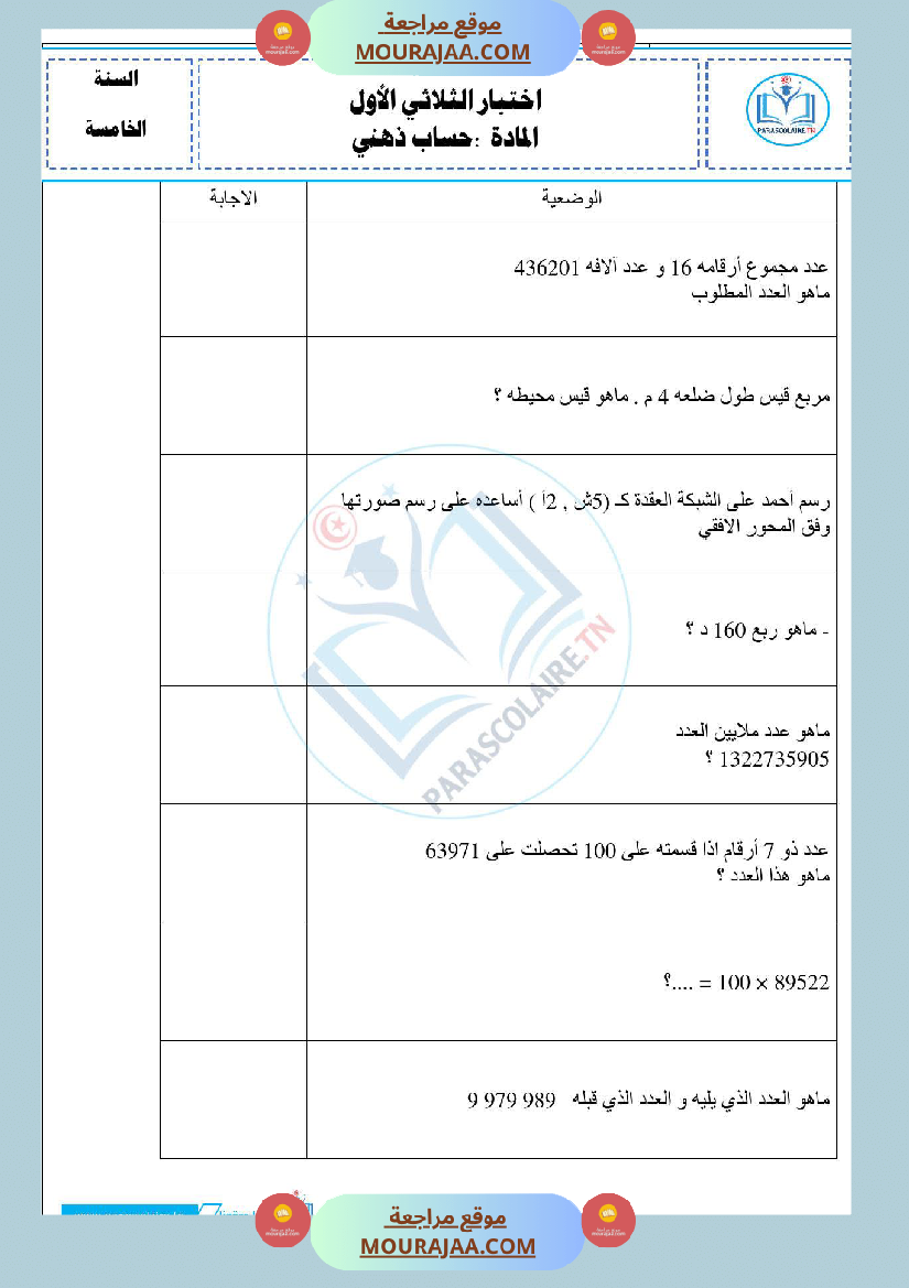 امتحانات الثلاثي الاول سنة خامسة رياضيات