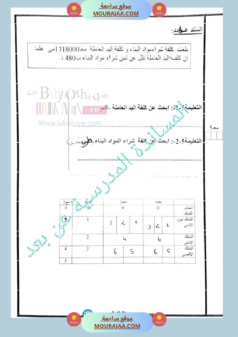سنة خامسة تقييم مكتسباته التلاميذ في نهاية الفترة الأولى في الرياضيات صفحة 3