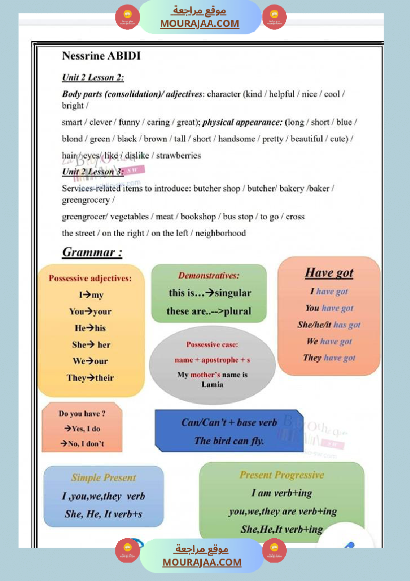 ملخص الثلاثي الاول انقليزية سنة خامسة