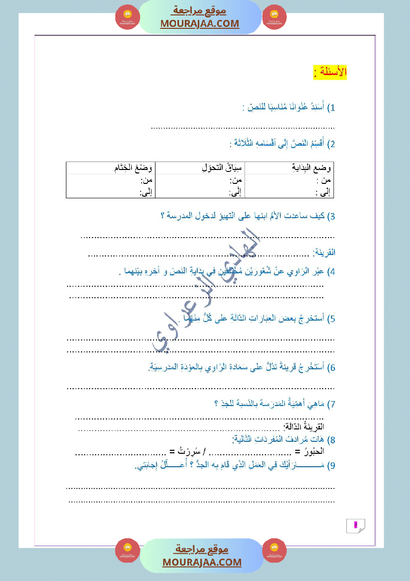 وضعية إدماجية رقم 02 في اللغة العربية للسنة الخامسة الوحدة الأولى بطريقة المناظرة