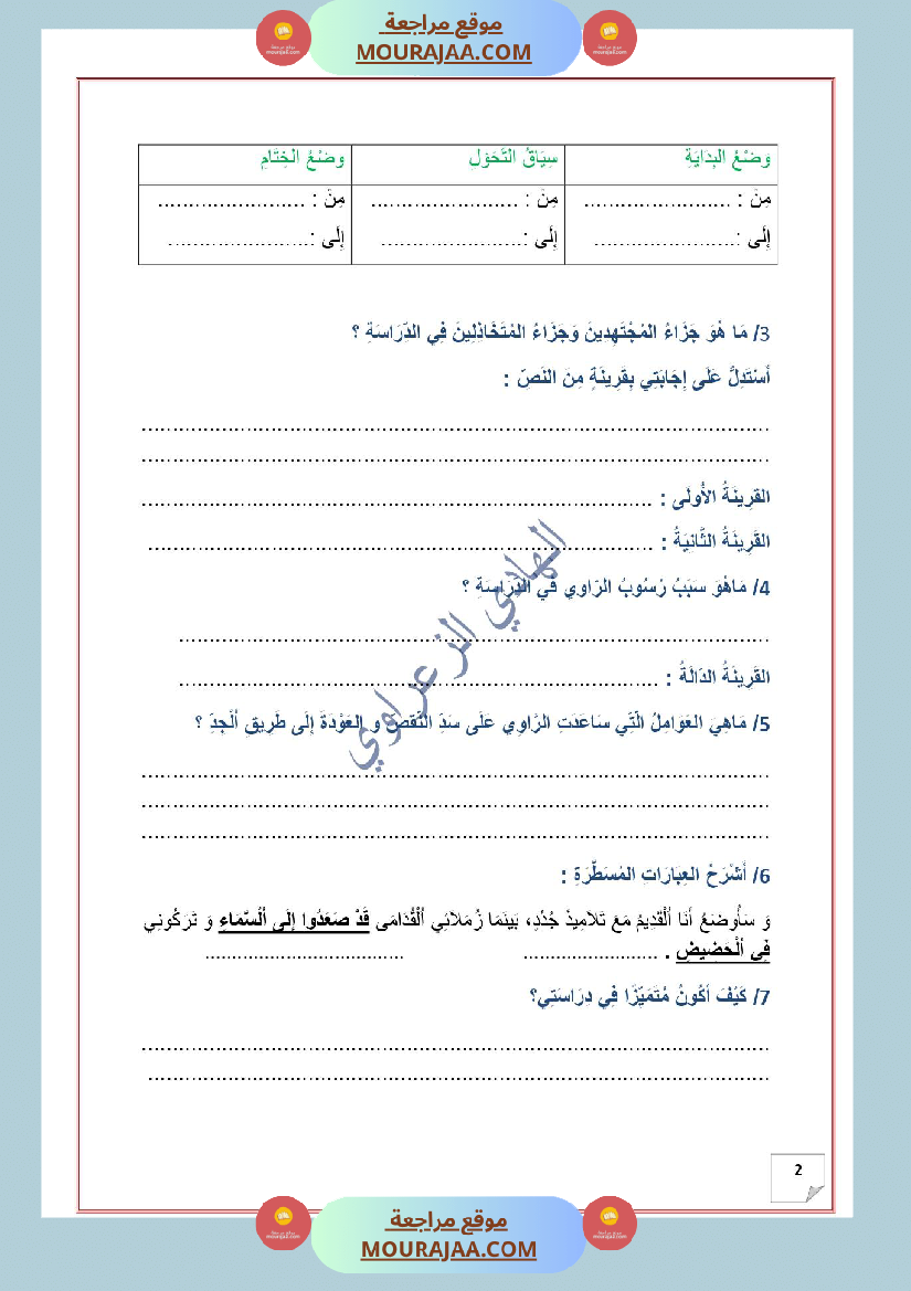 وضعية ادماجية في اللغة العربية للسنة 5 الوحدة الثالثة 3