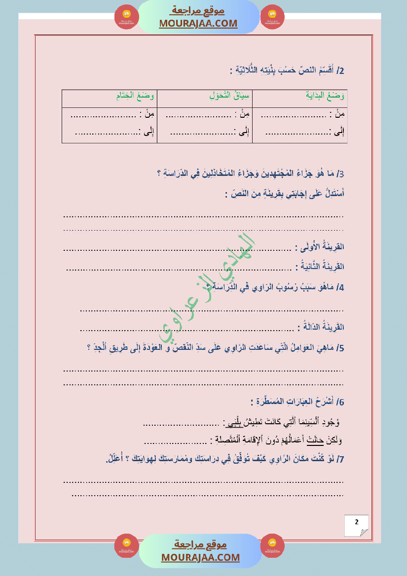 وضعية ادماجية للغة العربية للسنة 5 الوجدة الثالثة 2