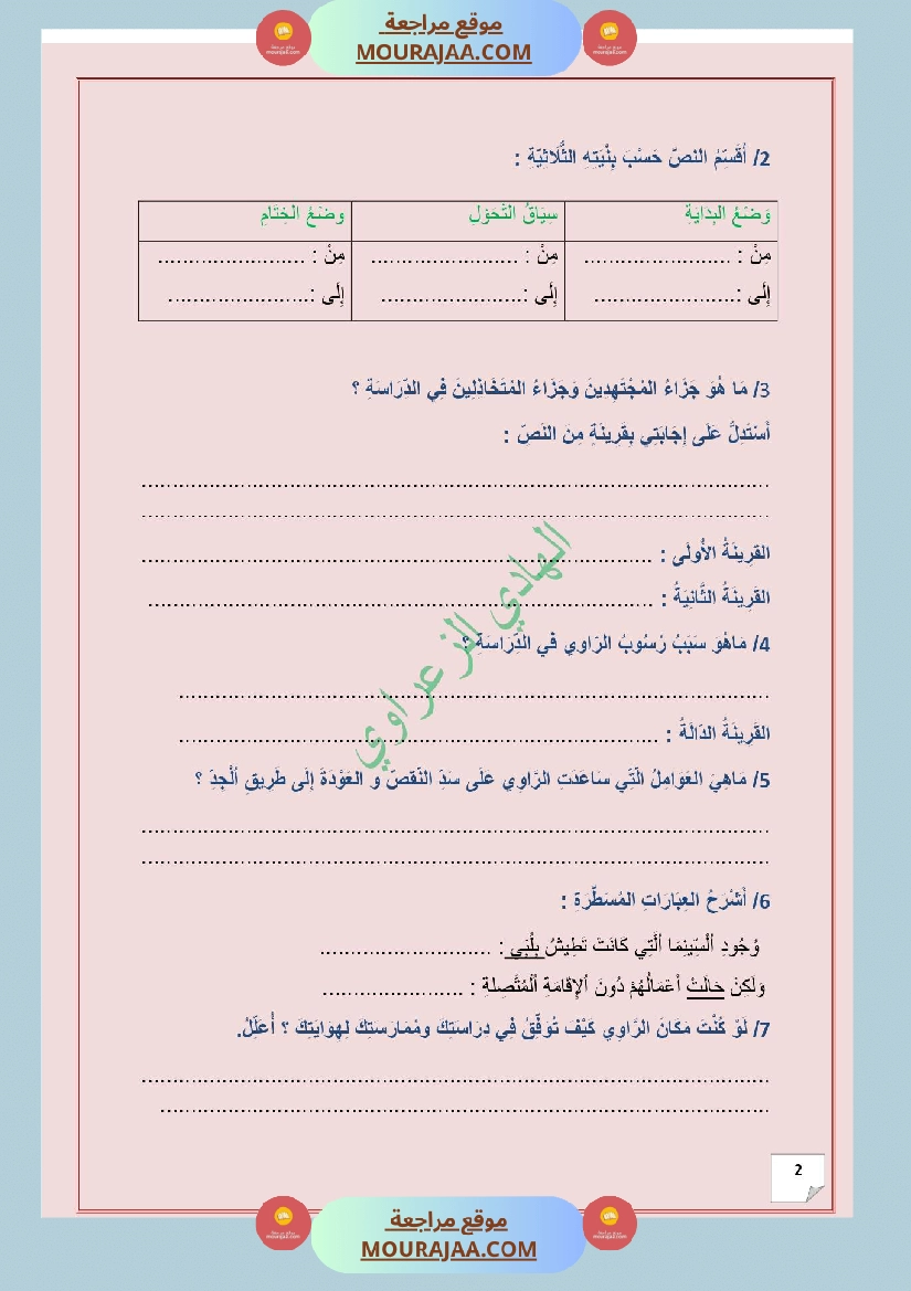 وضعية ادماجية للغة العربية للسنة 5 الوجدة الثالثة 2