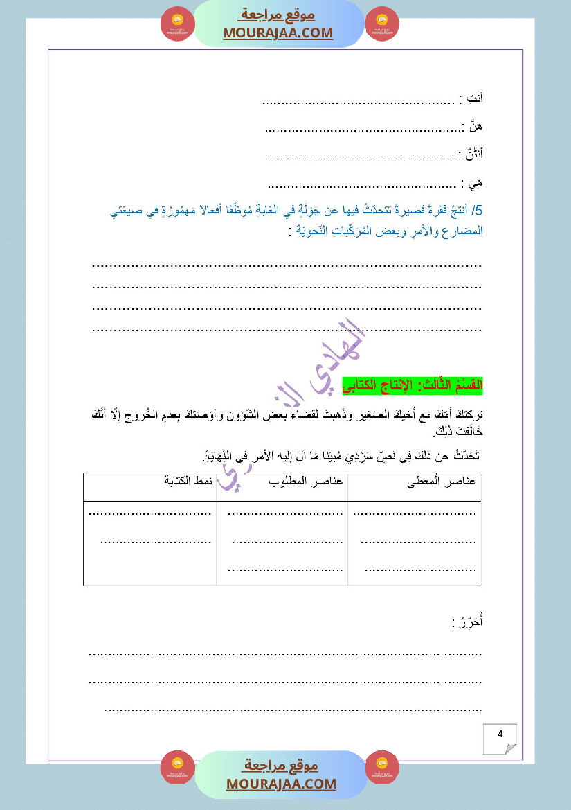 وضعية ادماجية للغة العربية للسنة الخامسة الوحدة الثانية