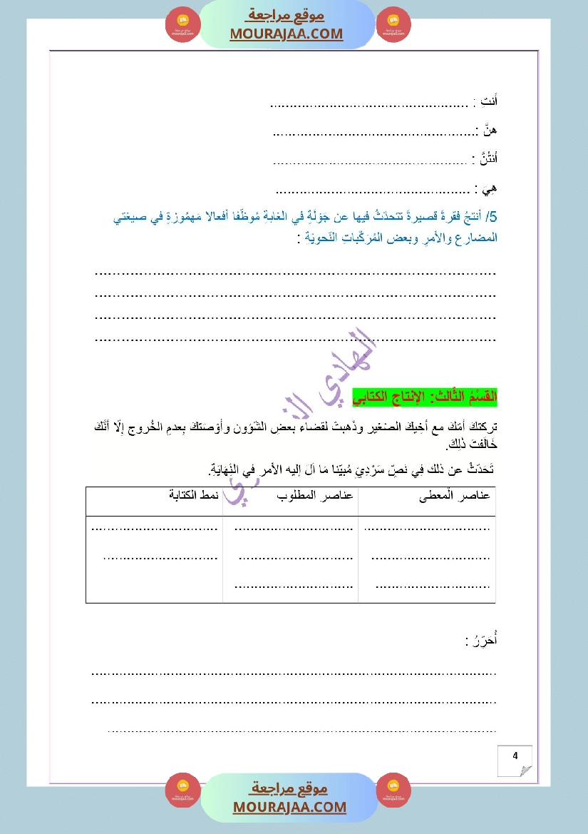 وضعية ادماجية للغة العربية للسنة الخامسة الوحدة الثانية صفحة 4