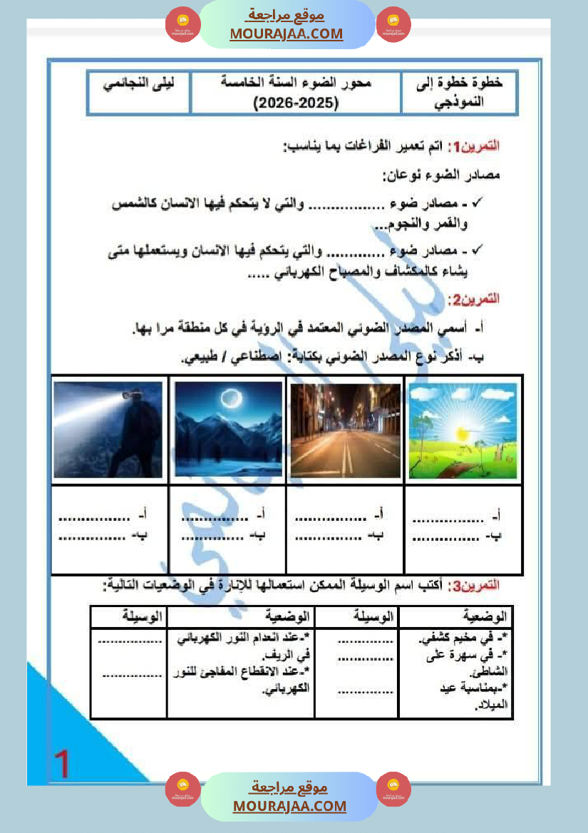 خامسة ابتدائي ايقاظ علمي الثلاثي الاول محور الضوء تمارين بالاصلاح