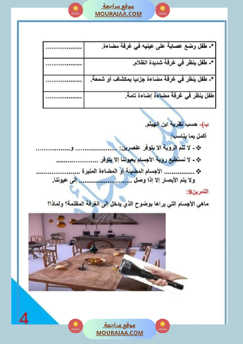 خامسة ابتدائي ايقاظ علمي الثلاثي الاول محور الضوء تمارين بالاصلاح