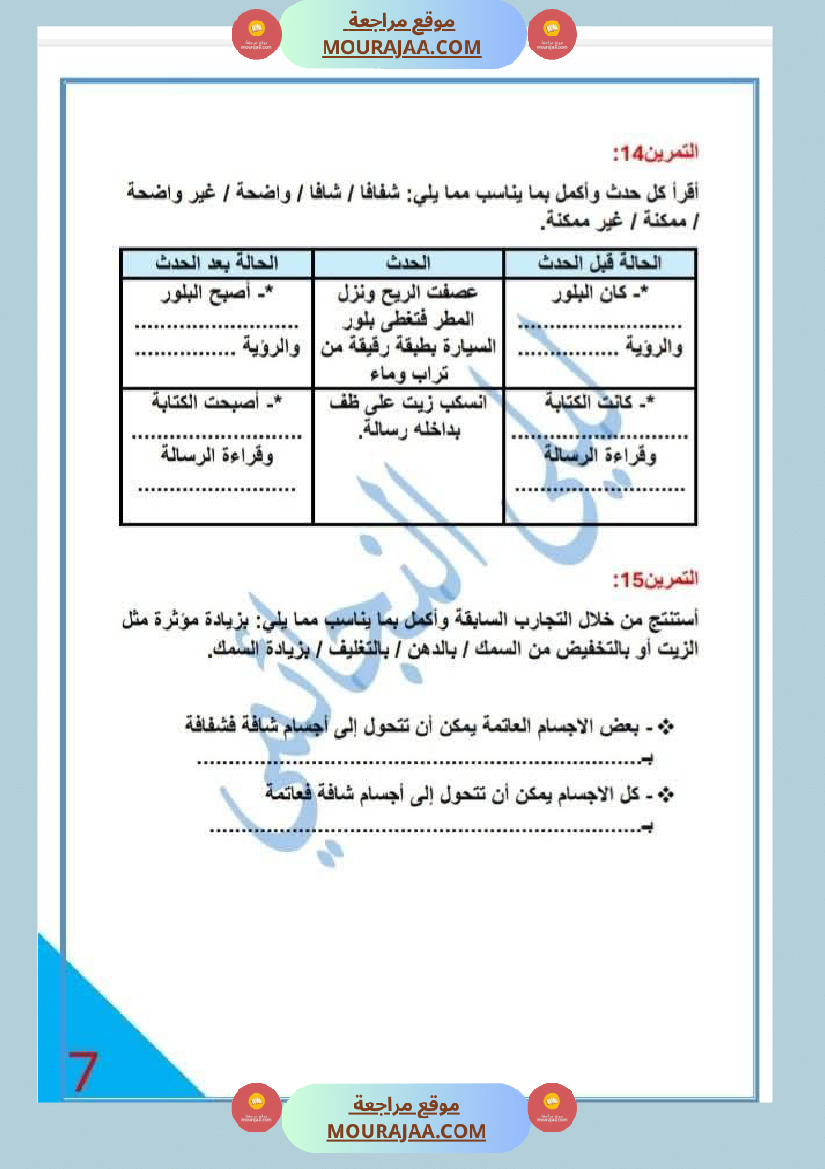 خامسة ابتدائي ايقاظ علمي الثلاثي الاول محور الضوء تمارين بالاصلاح