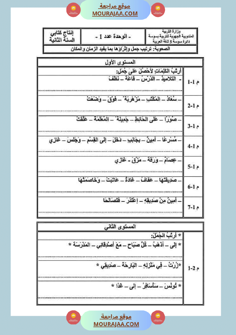 امتحانات الثلاثي الأول سنة ثانية انتاج كتابي