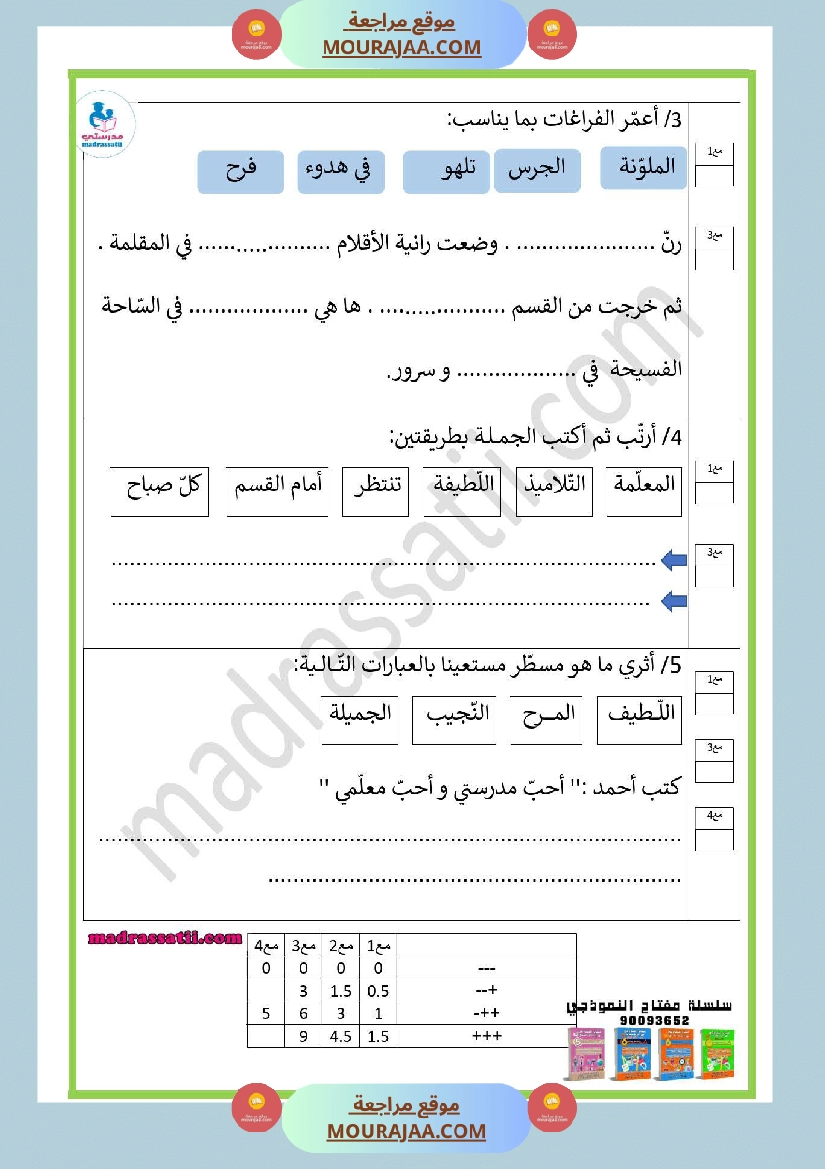 امتحانات الثلاثي الأول سنة أولى انتاج كتابي