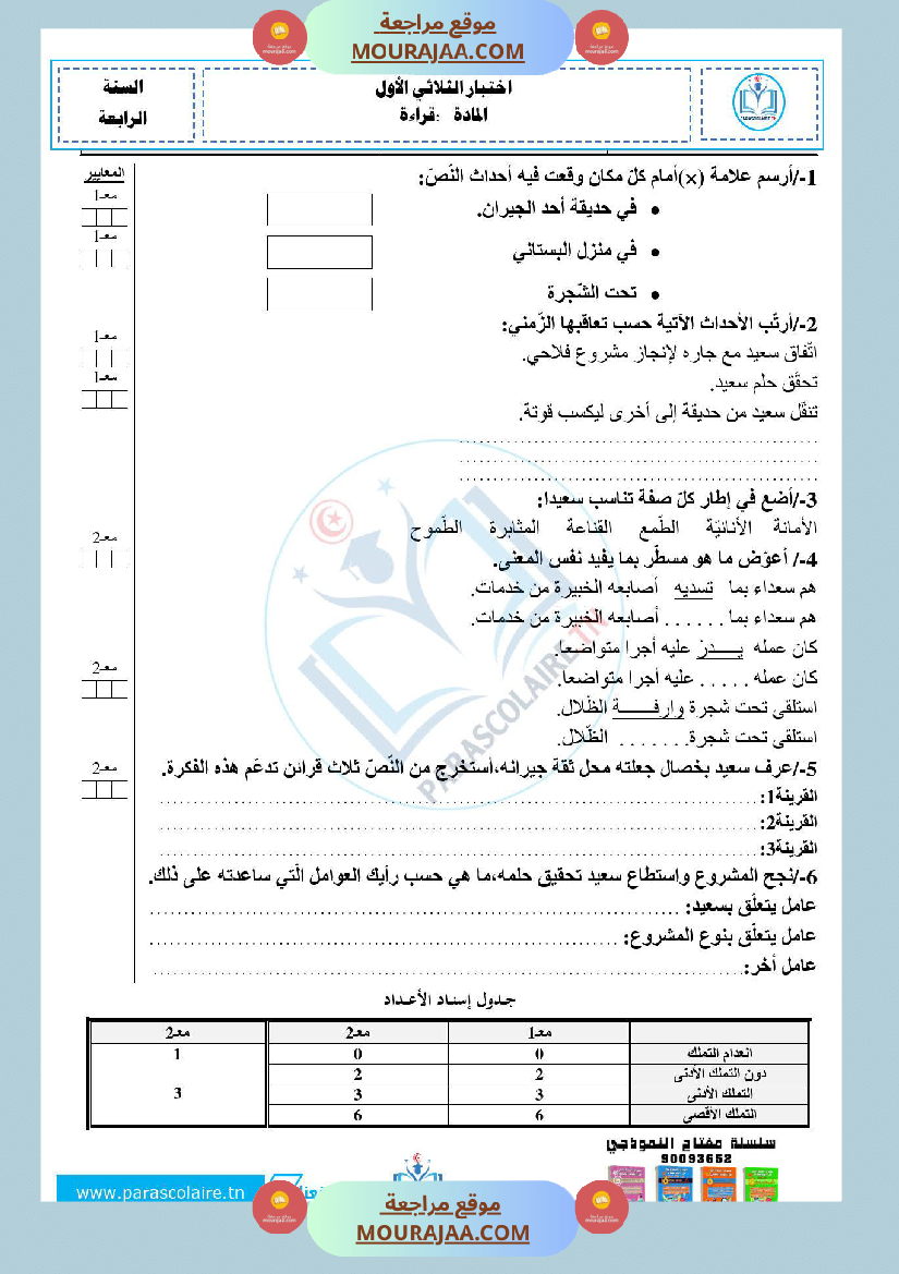 امتحانات الثلاثي الاول سنة رابعة قراءة