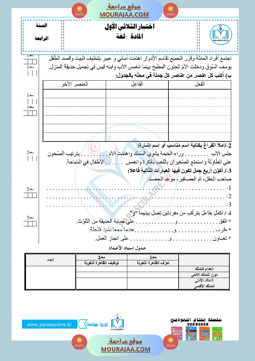امتحانات الثلاثي الاول سنة رابعة لغة