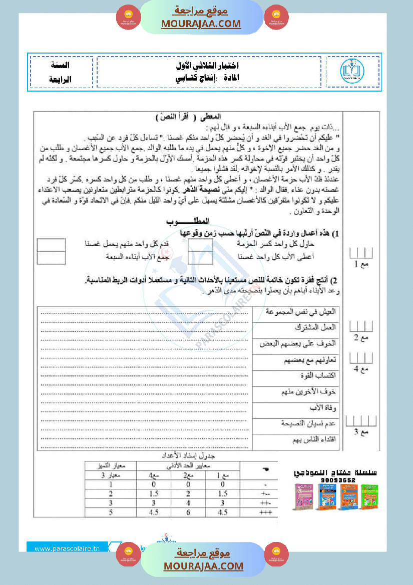 امتحانات سنة رابعة الثلاثي الاول انتاج كتابي