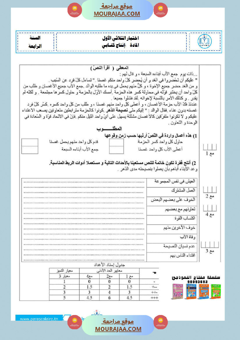 امتحانات سنة رابعة الثلاثي الاول انتاج كتابي
