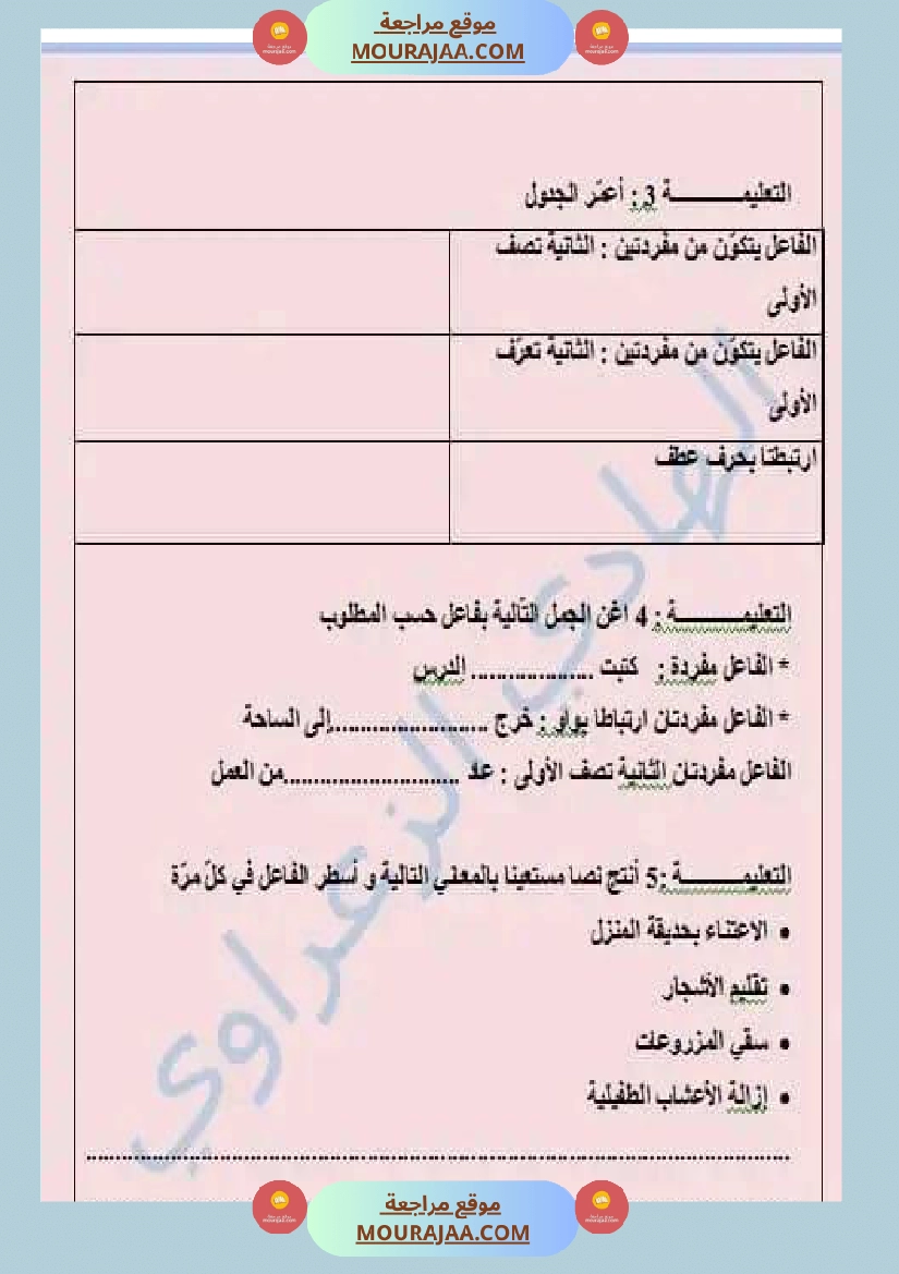 تقييم لغة قراءة سنة رابعة انموذج 1 الوحدة الأولى صفحة 2