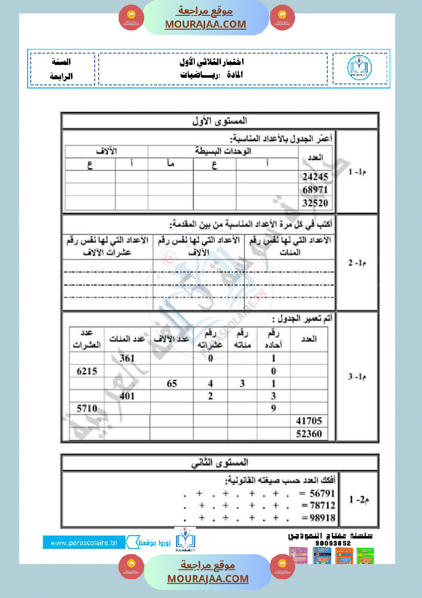 امتحانات الثلاثي الاول سنة رابعة رياضيات