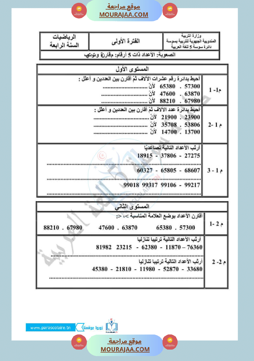 امتحانات الثلاثي الاول سنة رابعة رياضيات