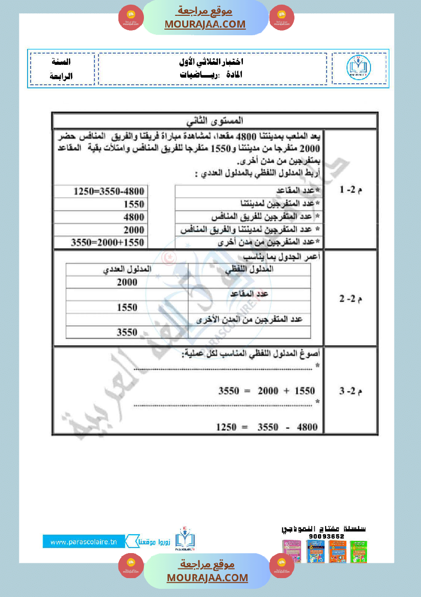 امتحانات الثلاثي الاول سنة رابعة رياضيات
